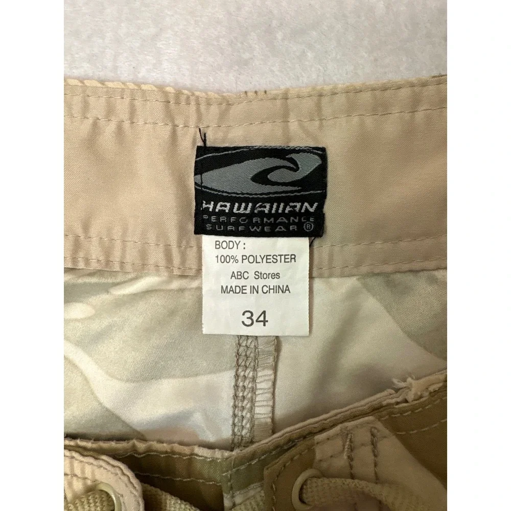 Hawaiian Performance Surfwear Mens 34 Board Shorts Tan Green Monstera Leaf Cargo
